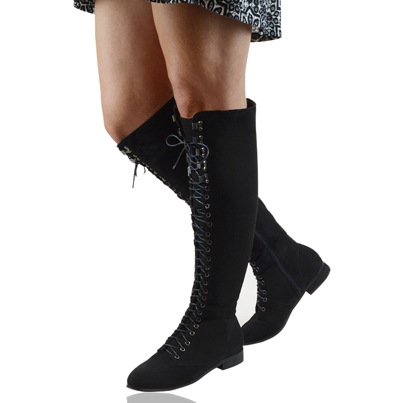 Thigh High Lace Up Flat Boots - Yu Boots